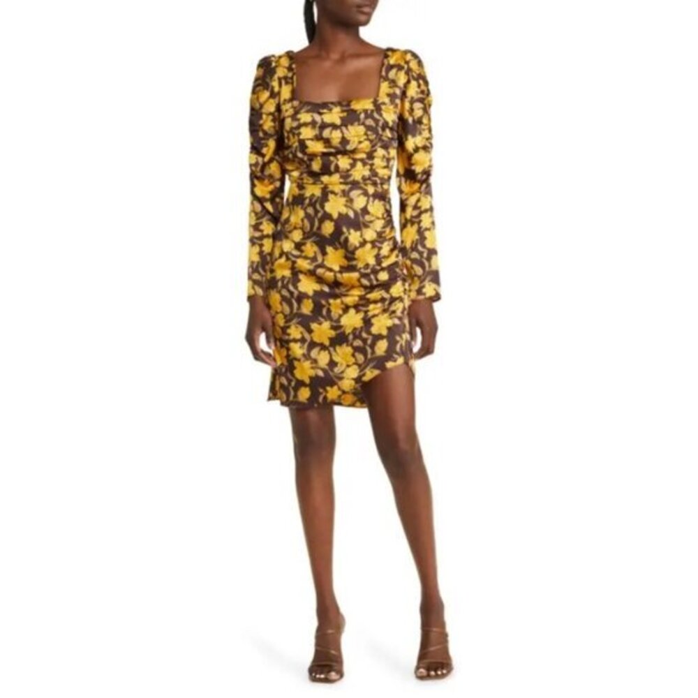 FLORET STUDIOS Brown Yellow Floral Shirred Long Sleeve Minidress SZ M New